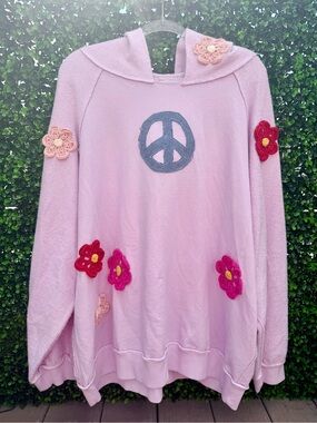 FREE PEOPLE x TRICIA FIX Peace Sign Hoodie w/ Appliqué Crochet Flowers